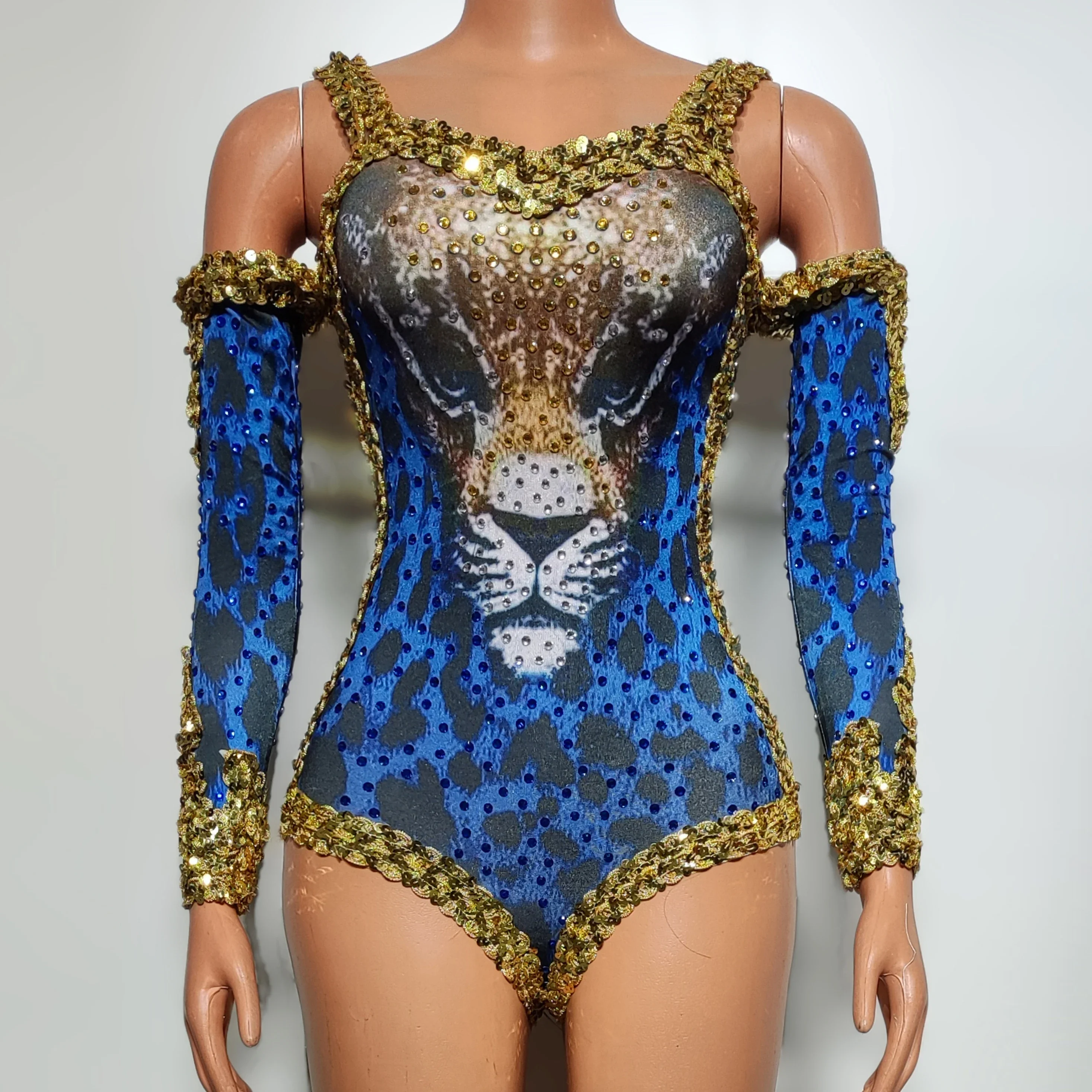 

Off-Shoulder Blue Leopard Bodysuit Sequins Rhinestones Singer Performance Wear Stretch Jumpsuit Gogo Dancer Clothing