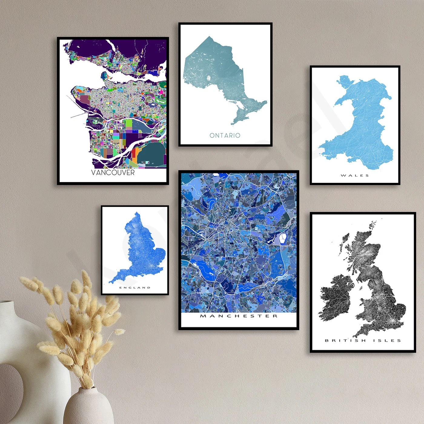 Manchester England Britain Scotland Wales Vancouver Ontario. City Street Color Map. Travel Gift. Home Wall Decor Art Poster