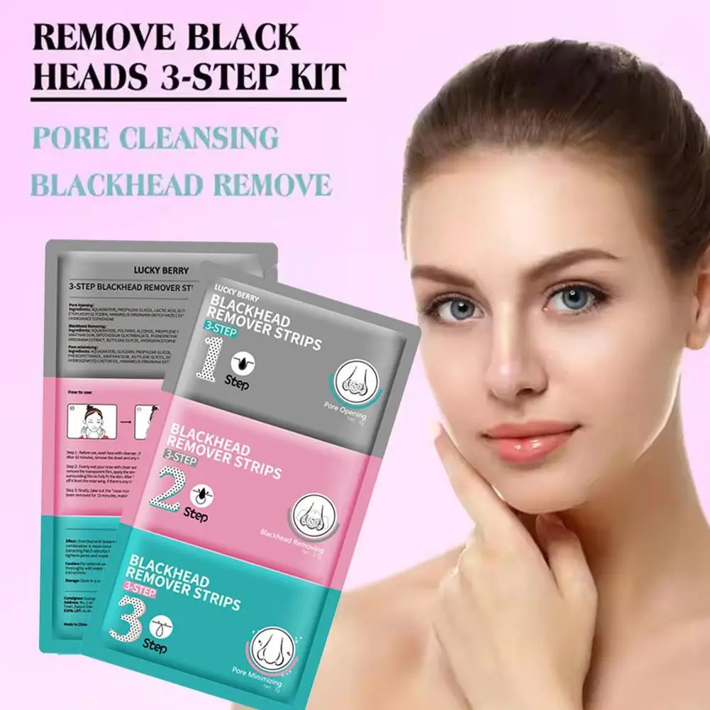 Nose Strips Remove Blackhead Acne Remover Black Head 3 Step Kit Nose Sticker Deep Cleansing Treatment Black Dots Gel Girl Beauty