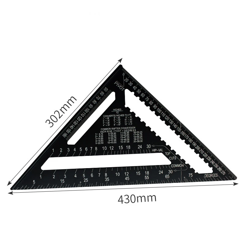 12/7-inch Rafter Square Carpenter Measuring Layout Tool Alloy Metal Triangle Ruler Protractor for Woodworking and Carpentry