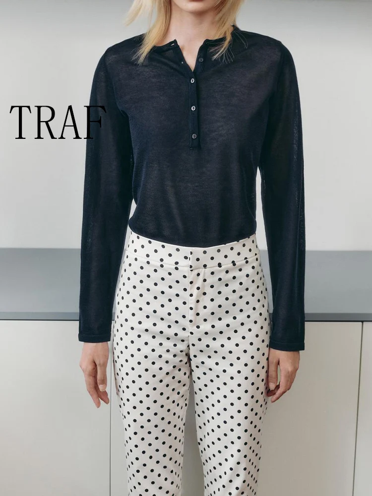 

TRAF European and American style autumn new fashion women's loose plain needle simple long sleeve round neck casual sweater