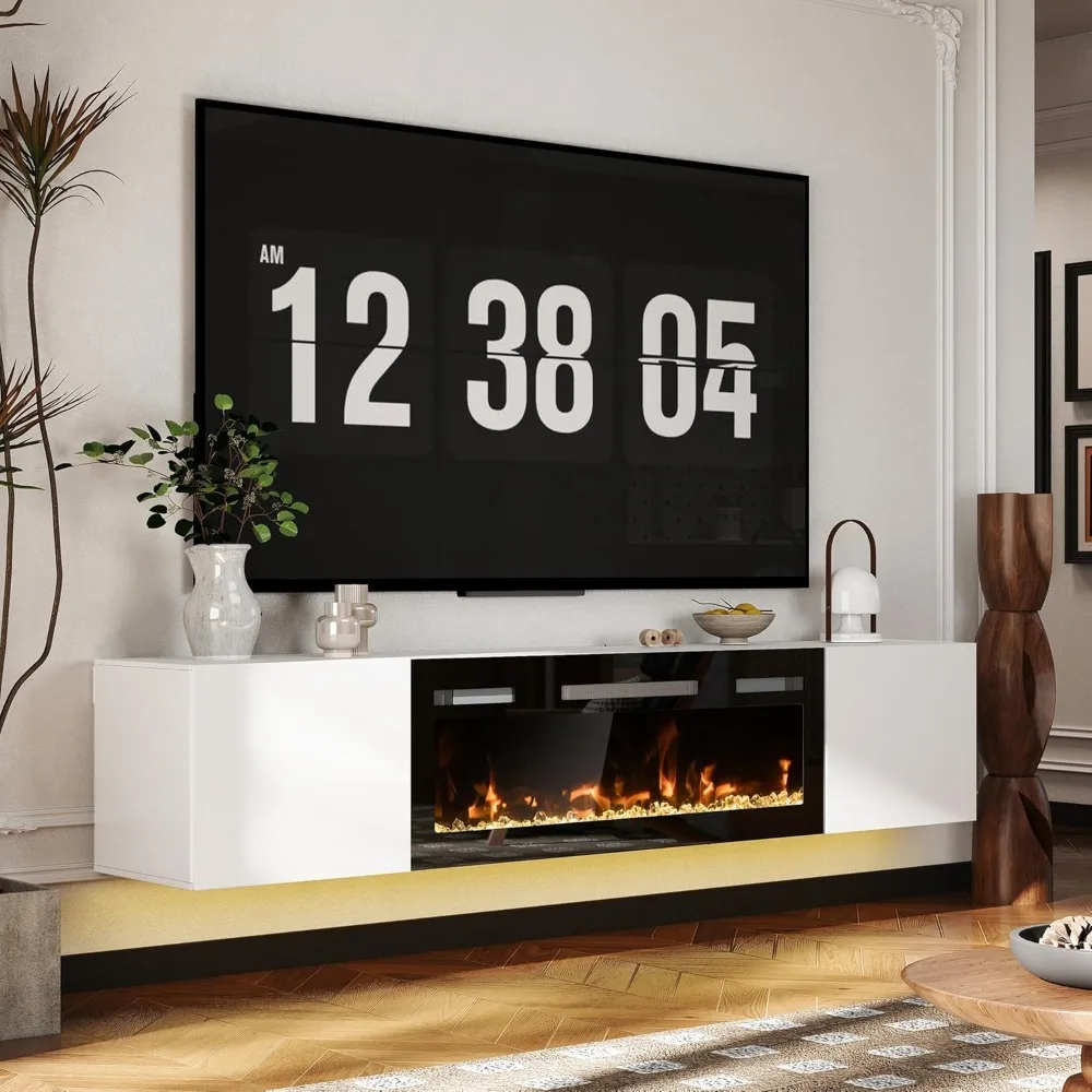 Soporte flotante para TV de 80" con chimenea eléctrica de 40" y luces LED, centro de entretenimiento montado en la pared con acabado brillante y almacenamiento