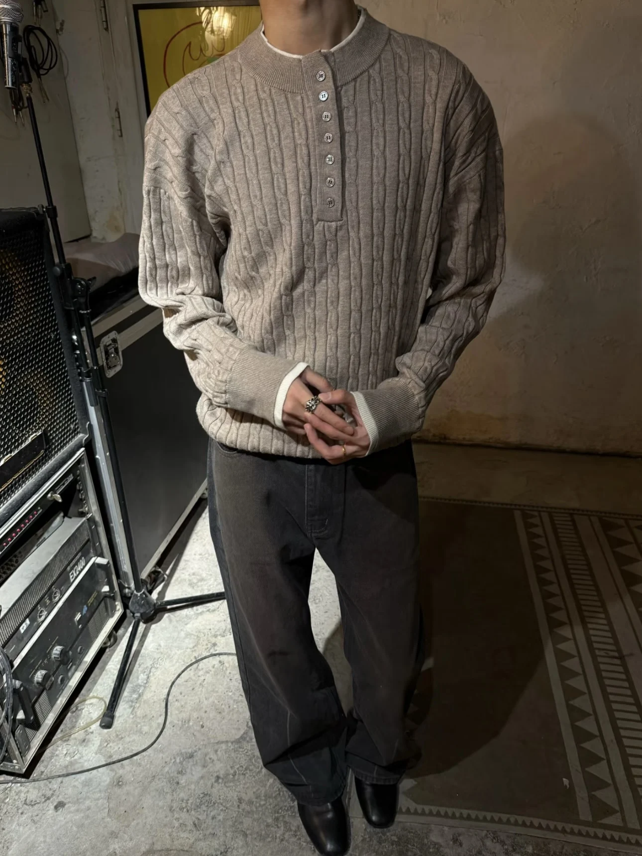 

American Sle Retro Knitted Twisted Henry Collar Men's Knitwear Casual Loose Fit Long Sve round Ne Breathable Autumn Wi...