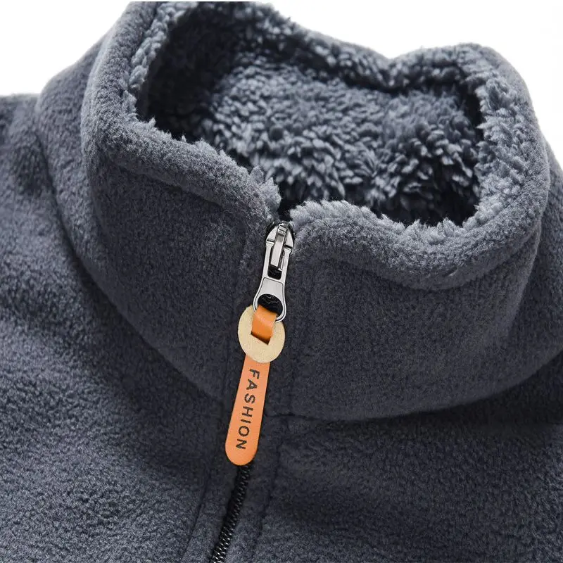 Herren Fleece-Jacke mit Reißverschluss, Fleece-gefüttert, Stehkragen, Verdickte Outdoor-Jacke, Winddicht, Polar-Fleece, Kälteschutz-Jacken – Detail 8