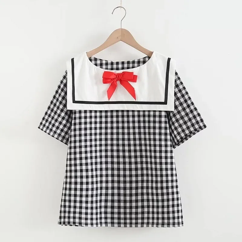 

Высокое качество, летние женские клетчатые рубашки с бантом, блузки с матросским воротником, пуловеры с короткими рукавами, женские топы JK, женская одежда