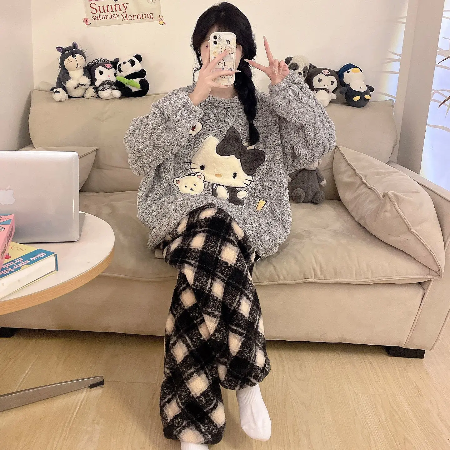 Women Winter Thick Flannel Pajamas Set Cute Cartoon Cat Print Soft Fleece Top Plaid Pants Warm Sleepwear Casual Home Loungewear