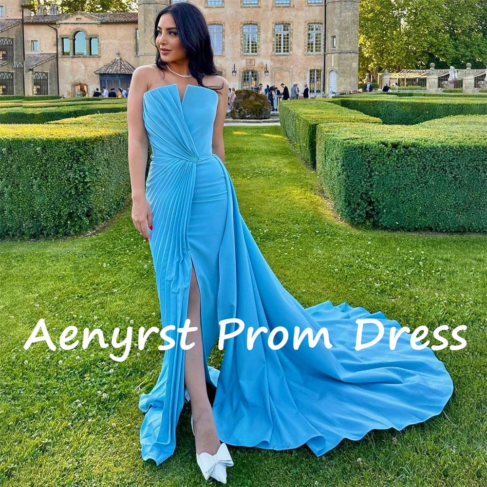 Aenyrst Sky Blue Strapless Mermaid Saudi Arabia Evening Dresses Satin Split Pleated Prom Gowns Floor Length Dinner Party Dress