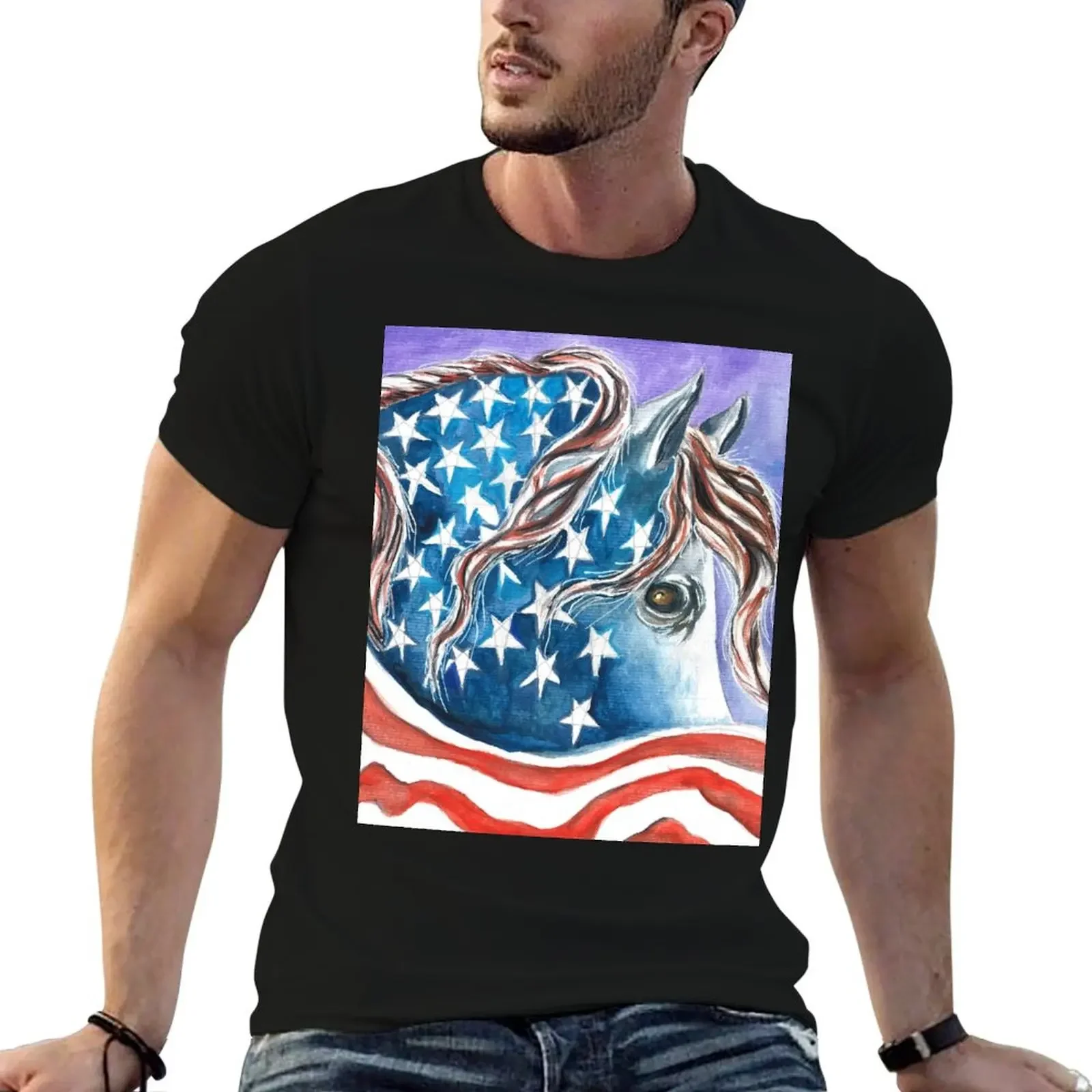 

Patriotic Horse with American Flag T-Shirt graphics tops men workout shirt