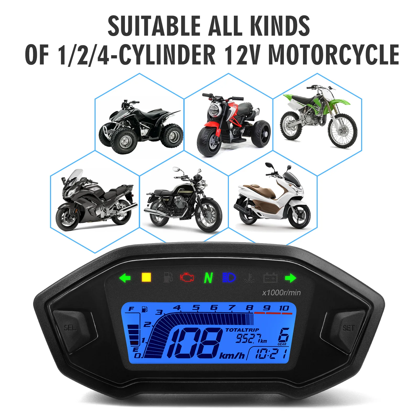MotorcycleDigital Speedometer Tachometer Instrument Dashboard Panel Motorcycle LCD Display 10000RPM for 2-4 Cylinder 7 Colors