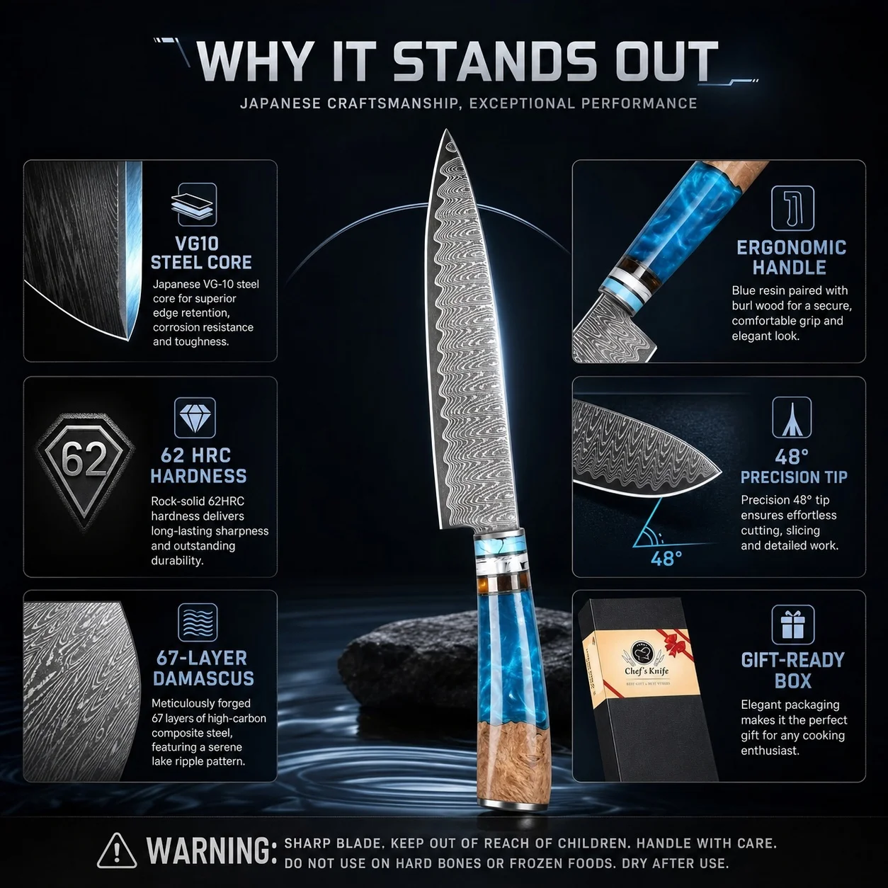 8 Inch Japanese Chef Knife 67 Layers Damascus Steel VG10 Core 62HRC Kitchen Cooking Knife Blue Resin Burl Wood Handle Precision 48° Blade Gift Box Kitchen Cutlery