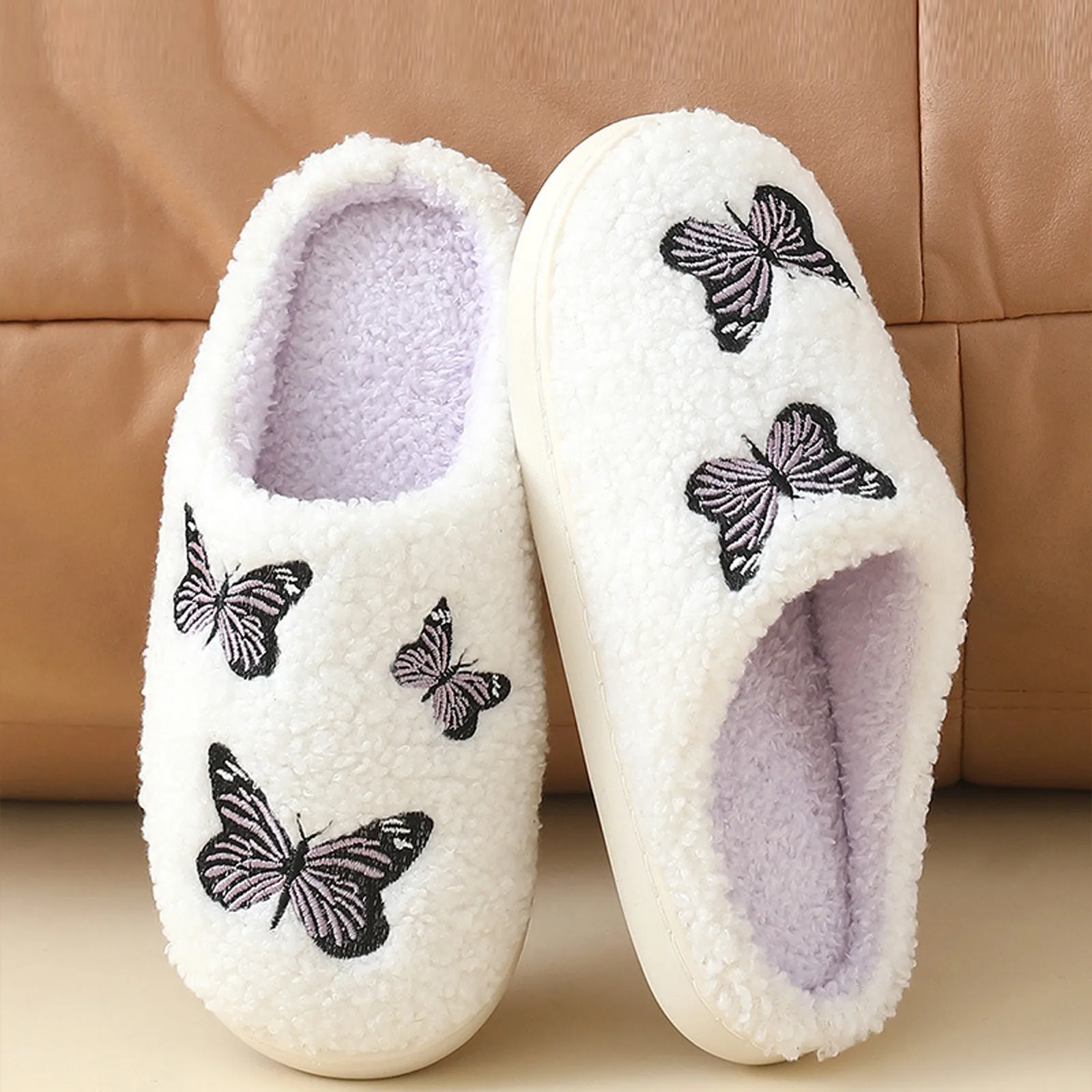 SHAJI Unisex Plüsch-Baumwoll-Hausschuhe mit Drei-Schmetterling-Stickerei, Warme TPR-Sohle, Rutschfeste Indoor-Hausschuhe für Herbst und Winter – Detail 11