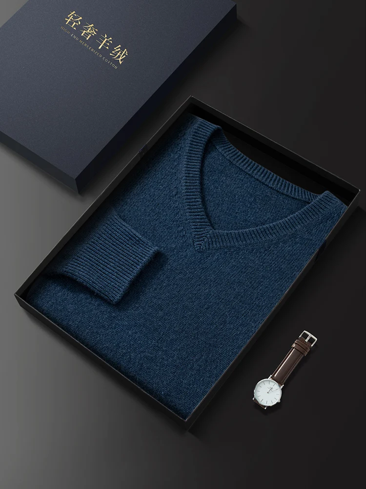Men Pullover Sweater 100% Cashmere Sweater Basic Autumn Winter Warm Thick Knit V-Neck Clothes Casual Loose High-end Business Top