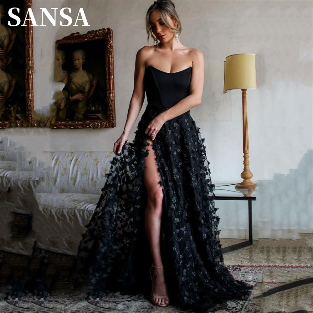 Sansa Luxury 3D Flower embalid muslimexmuslimah abito da ballo in pizzo nero Sexy Side High Split corsetto a-line Party Dress