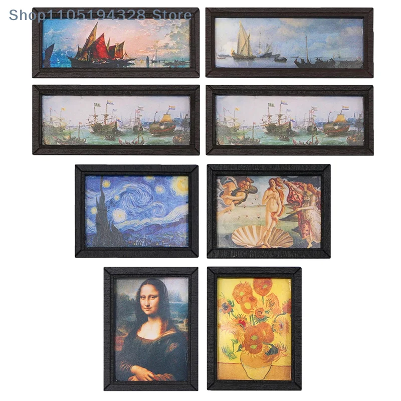 [YA]8Pcs/Set 1:12 Dollhouse Miniature Vintage Oil Painting Mural Photos Wall Picture Scene Decor Doll House Accessories