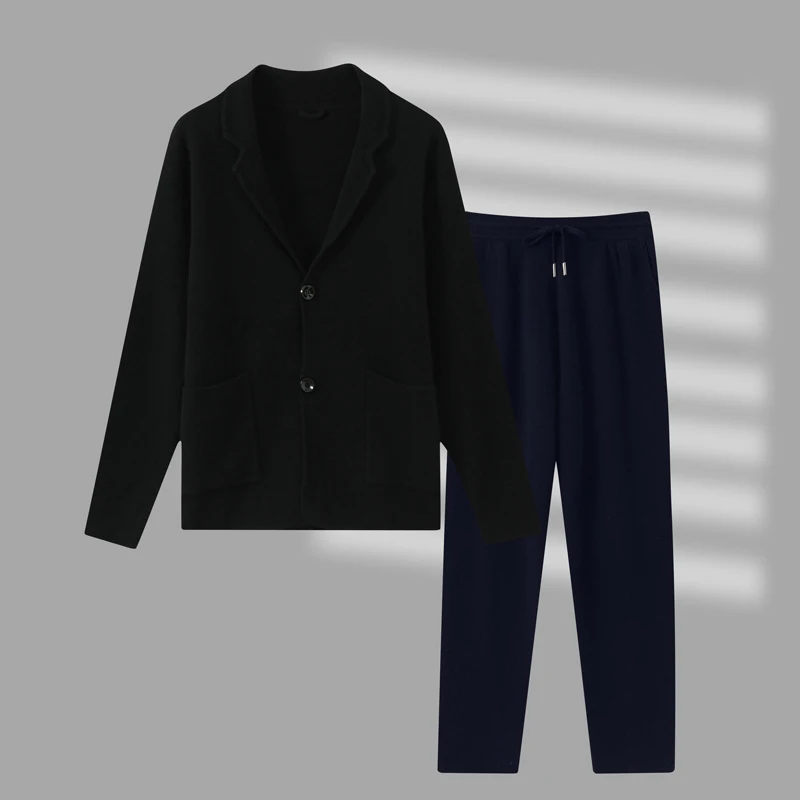 Fashion Suit Autumn Winter 100% Goat Cashmere High Quality Sweater Trousers Men Tops and Pants Two-Pieces Male Knitwear Clothing