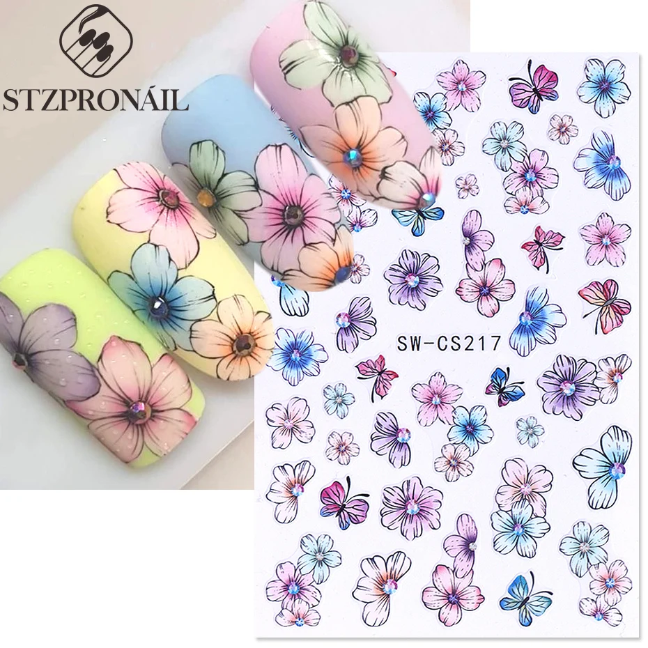 Colorful Gradient Petals Nail Stickers 3D Butterfly Lily Tulip Daisy Flowers DIY Spring Summer Decal Slider Manicure Decoration