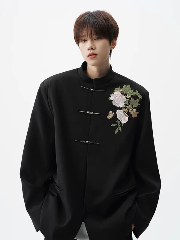 

Bla Floral Embroidery New Chinese Sle Lightweight Men's Jaet Stand Collar Suit Coat Cleanfit Zhongan Suit Casual West...