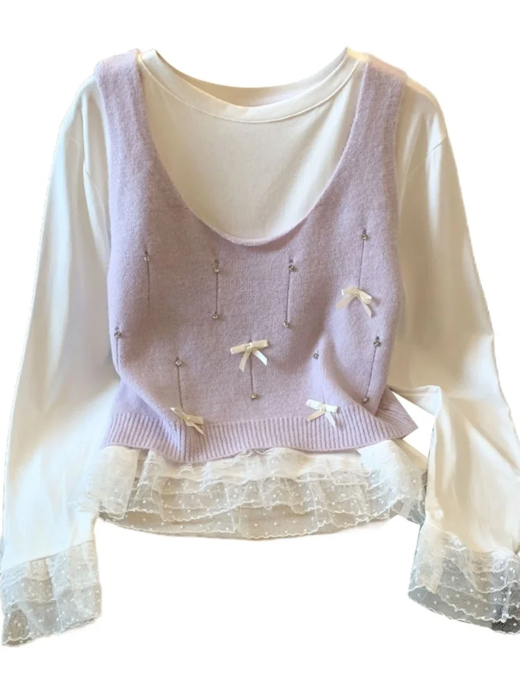 ロングスリーブレースパッチワークニットTシャツ レディース セルフキーブルヘビー装飾ツーピースセットトップ 韓国風ルーズフィット