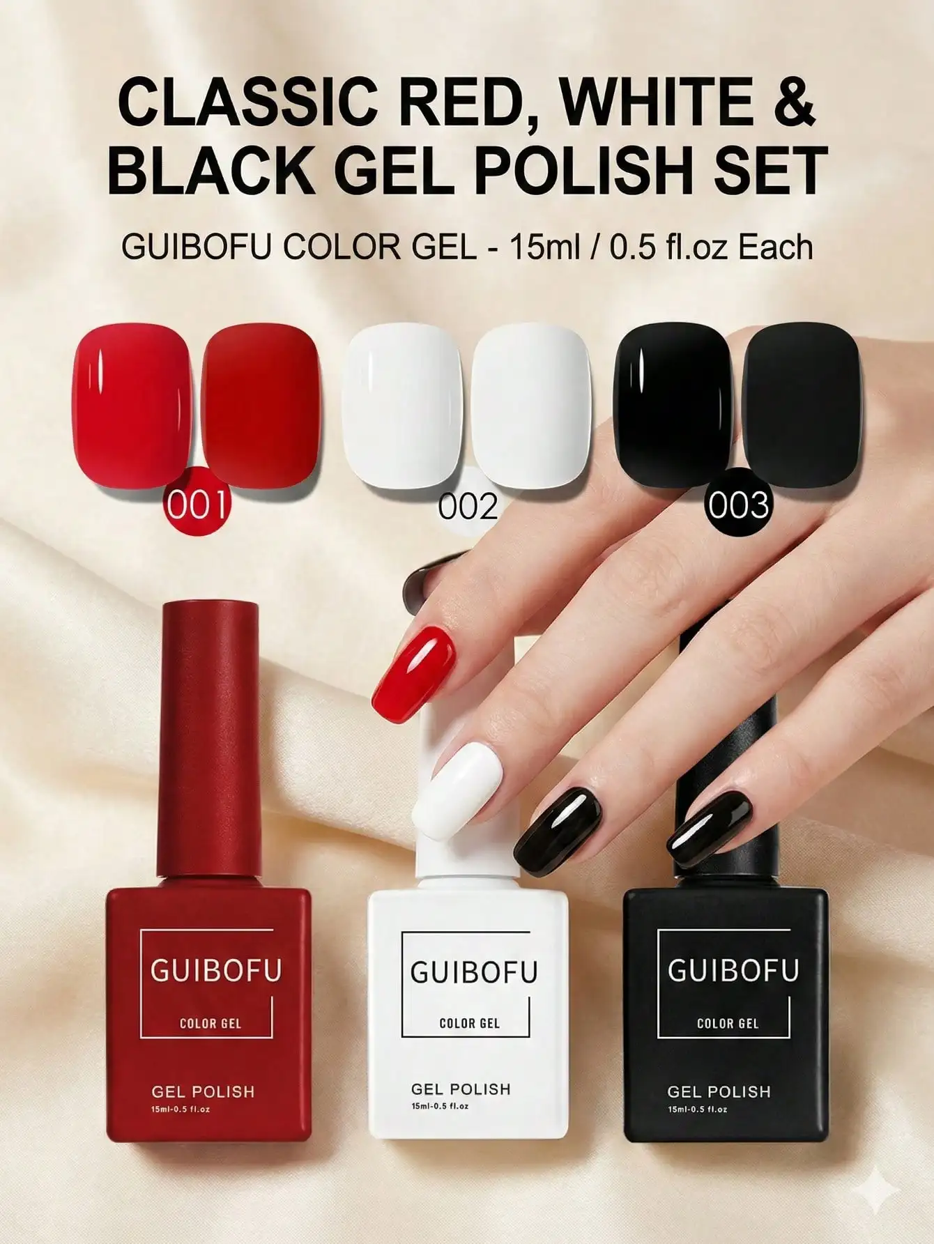 3Pcs/set 15ml Classic Solid Color Gel Polish, Red, White, Black, Semi Permanent Soak Off UV LED Design Manicure Set