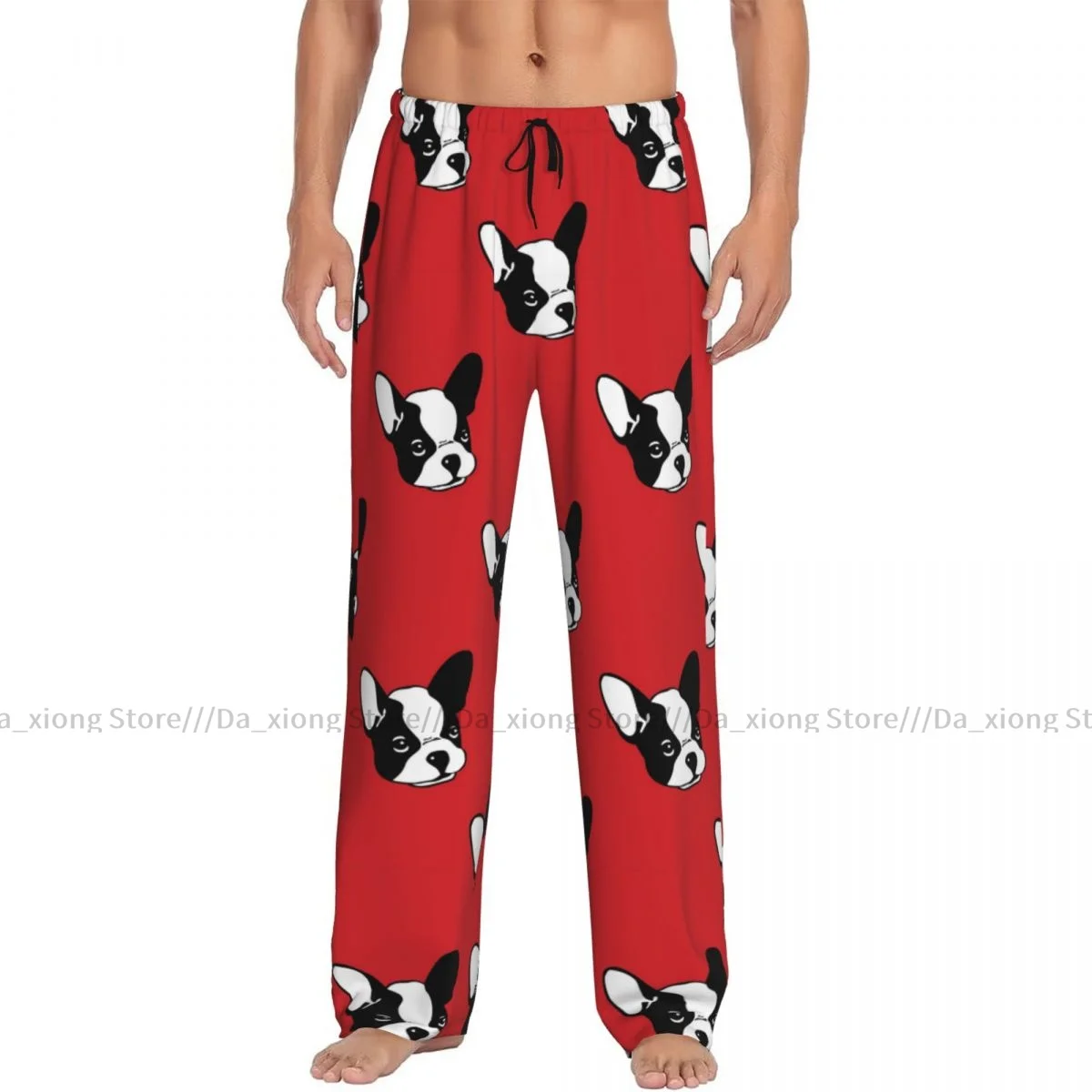 Mens Casual Pajama Long Pant Loose Elastic Waistband Cartoon French Bulldog Cozy Sleepwear Home Lounge Pants