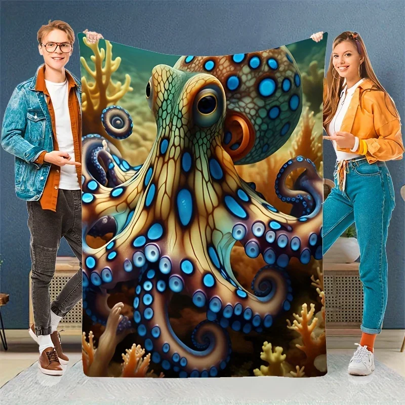 Vivid Blue Octopus Throw Blanket Soft Flannel for Warmth  Comfort Ideal for Ocean Enthusiasts Unique Marine Design