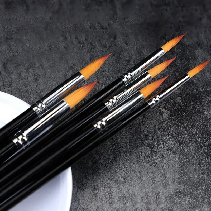 two-tone Nylon hair oil painting brush Line drawing pen 6 Pcs watercolor gouache Steel Pipe long Wooden rod Pen set art supplies