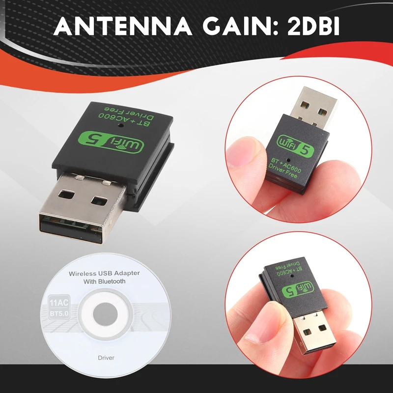 USB 와이파이 블루투스 어댑터, 600Mbps 듀얼 밴드 무선 네트워크 외부 리시버, PC 노트북 데스크탑용 와이파이 동글