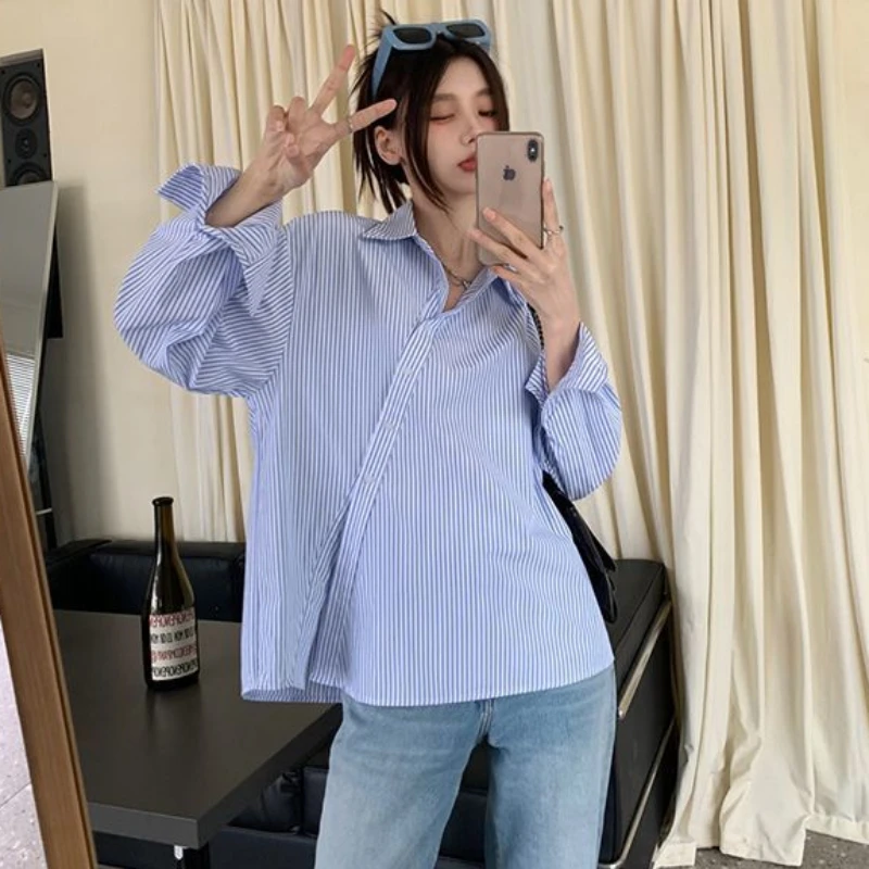 Turn-down Collar Shirts Women Side-slit Asymmetrical Blue Striped Korean Style New Arrive Autumn Tops Trendy Office Lady Simple