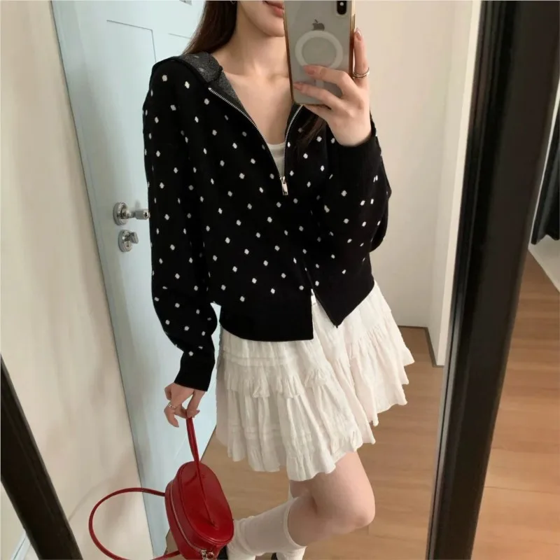 MsChuh Casual Women's Cardigan Pull Femmes Comfortable Jumper Simple Style All-match Temperament Fresh And Sweet Daily Polka Dot