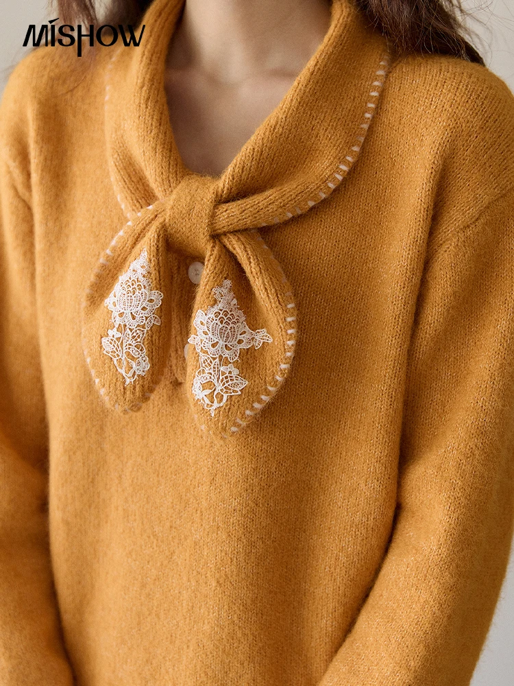 MISHOW 여성용 노란색 니트 스웨터 2025 가을 겨울 리본 칼라 레이스 스플라이싱 탑스 루즈 따뜻한 풀오버 스웨터 MXE94Z2971