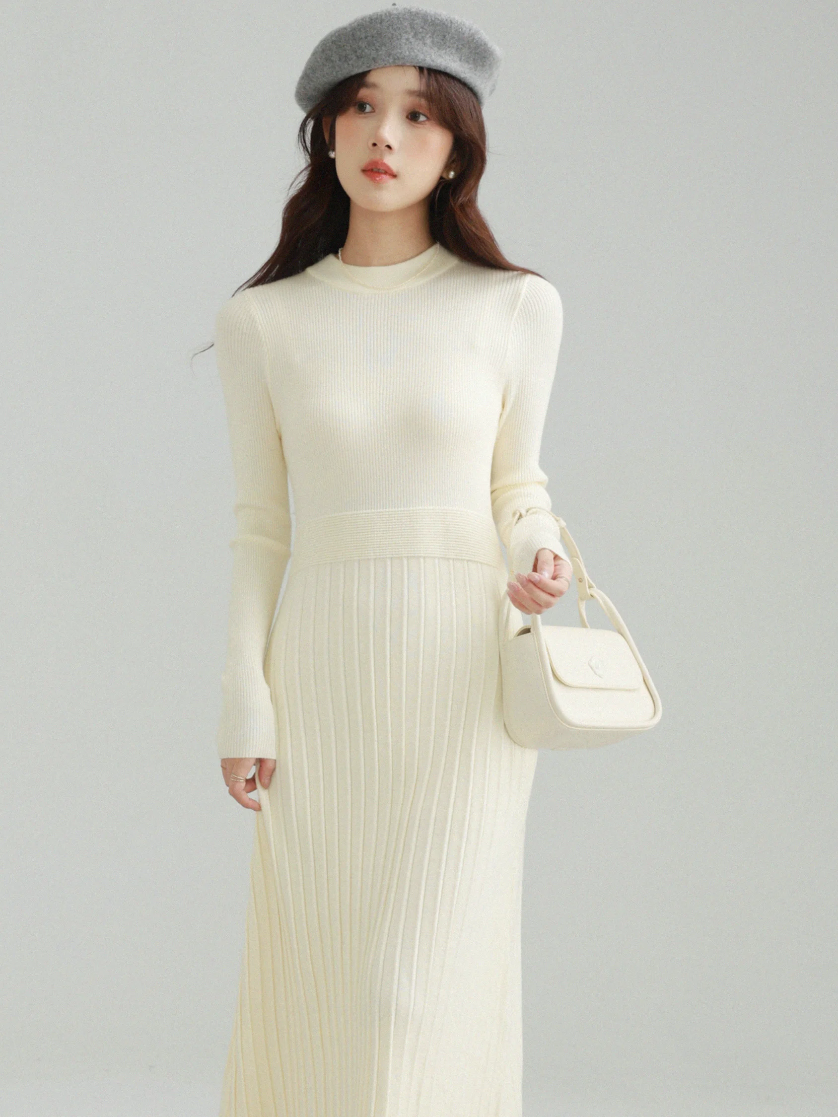 Vestido de malha elegante para mulheres, vestido suéter de manga comprida, cintura alta, vestido midi canelado para camadas de outono e escritório casual