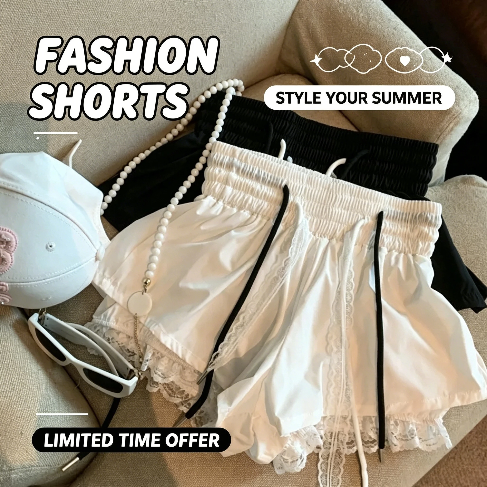 Fashion Women's Patchwork Lace Casual Shorts Niche Design Versatile High Elastic Waist Drawstring Short Pants  Womens Shorts