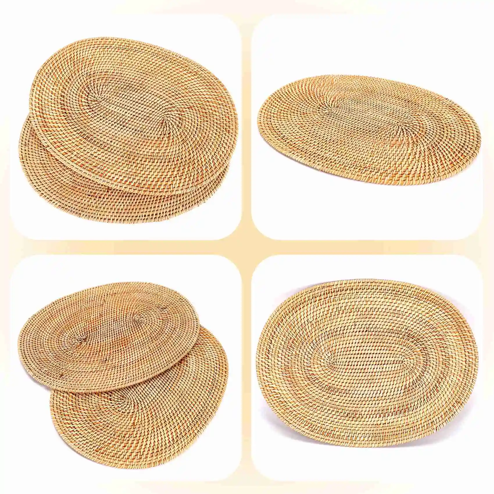 AB51 2 قطعة مفرش طاولة بيضاوي من الروطان، منسوج يدويًا من الروطان الطبيعي، ملحقات حفل الشاي، مناسبة لغرفة الطعام والمطبخ، إلخ