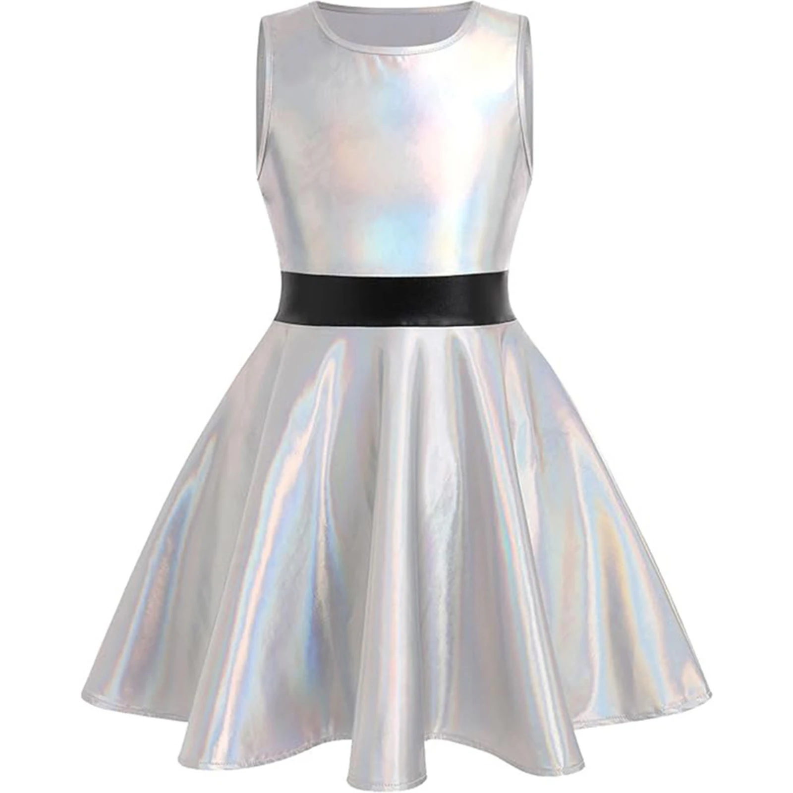 

Girls Cosplay Halloween Theme Party Costume Tutu Dance Dress Metallic Shiny Round Neck Sleeveless Invisible Zipper A-Line Dress