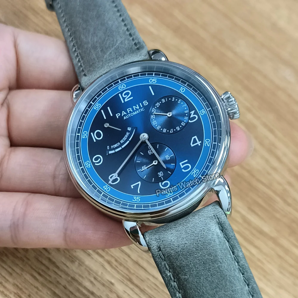 Parnis 42mm Power Reserve Blue Dial SeaGull 1780 Automatic Movement Watch Small Second Date Indicator