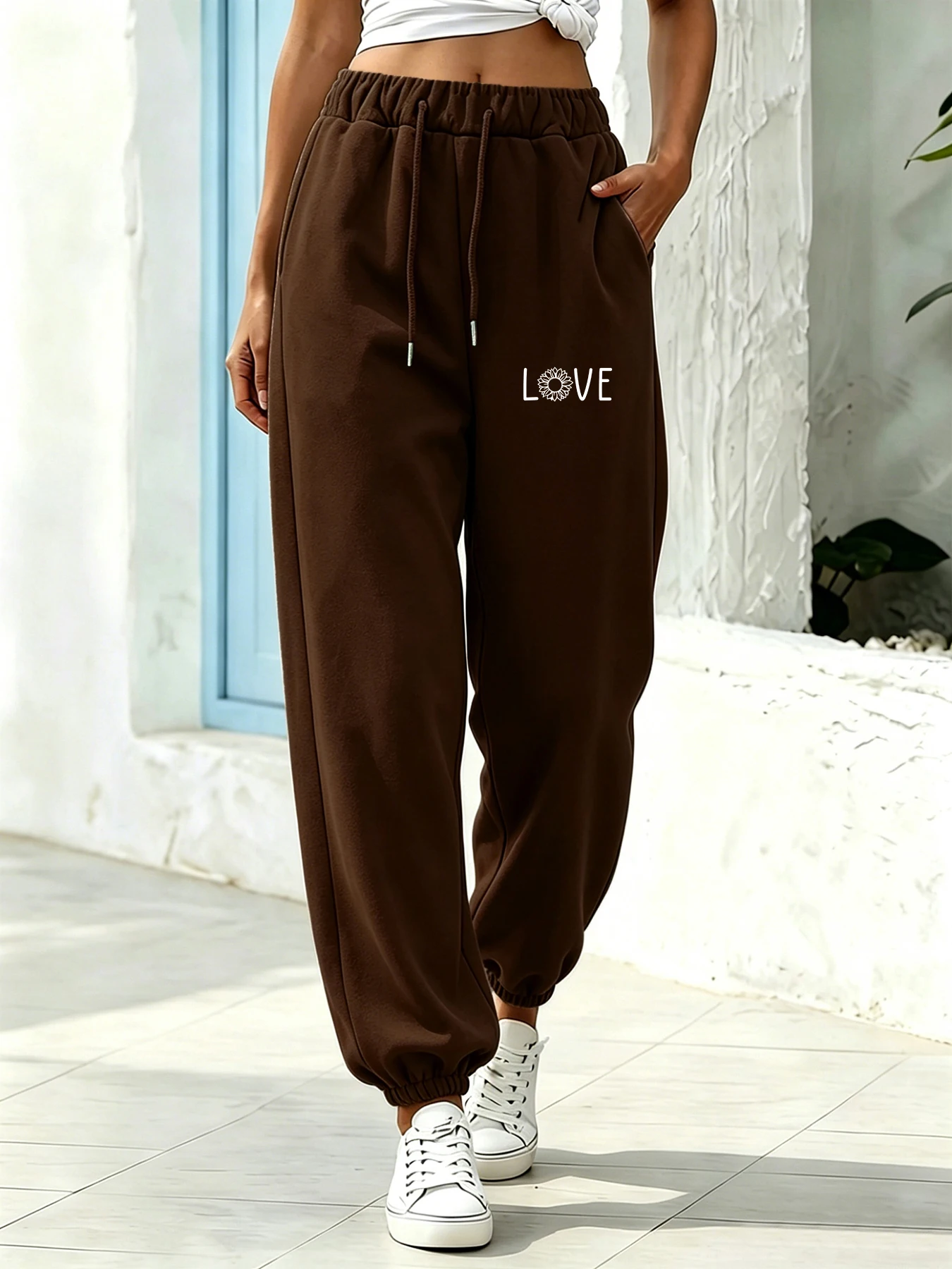 Vintage Commuter Style Women's Casual Pants Floral Letter Print Drawstring High Waist Jogger Pants Loose Fit Draped Jogger Style Pants for Outdoor Wear Elegant Relaxed Comfortable Daily Commuting Elastic Cuff Knit Sweatpants Spring and Autumn Everyday Casual Women's Wear