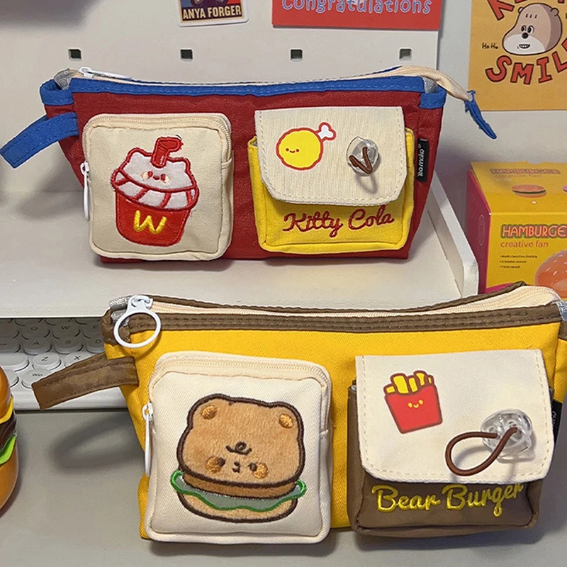 Cute Cartoon Hamburger And French Fries Pencil Case Large Capacity Pencil Box Storage Bag School Student Supplies