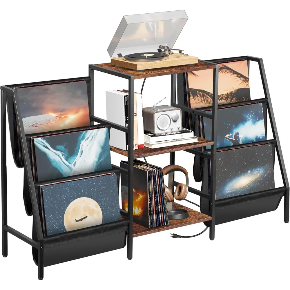 

Подставка для проигрывателя винила, 3-уровневая подставка для проигрывателей с местом для хранения винила и зарядной станцией, демонстрационный стол-стеллаж для колонок и усилителя