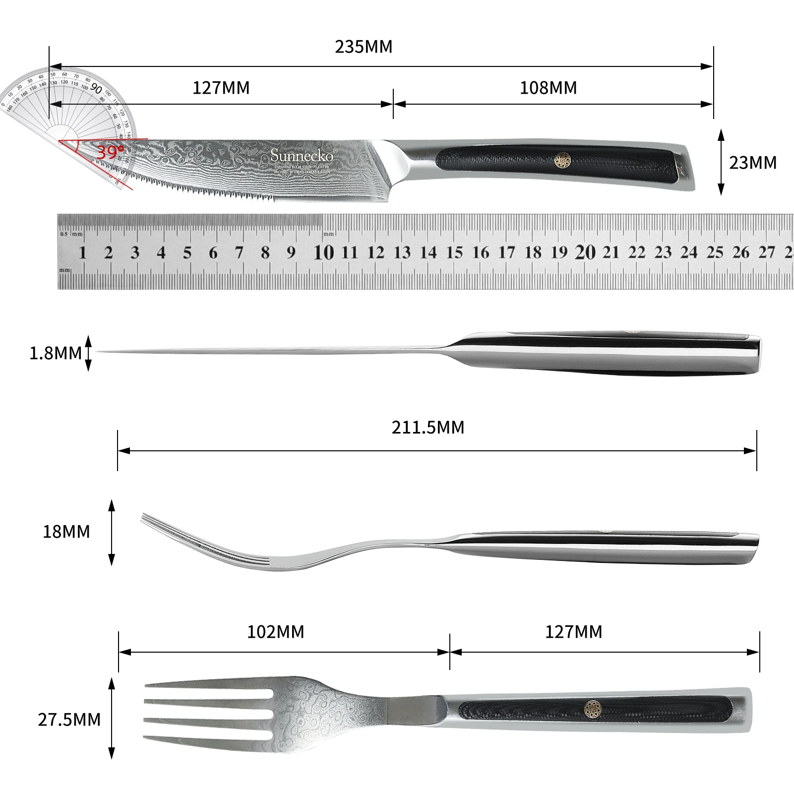 SUNNECKO Steak Knife Fork Set vg10 Damascus Steel Blade Dinner Table Wooden Gift Box Serrated Tooth Blade Beef Pork Slicer