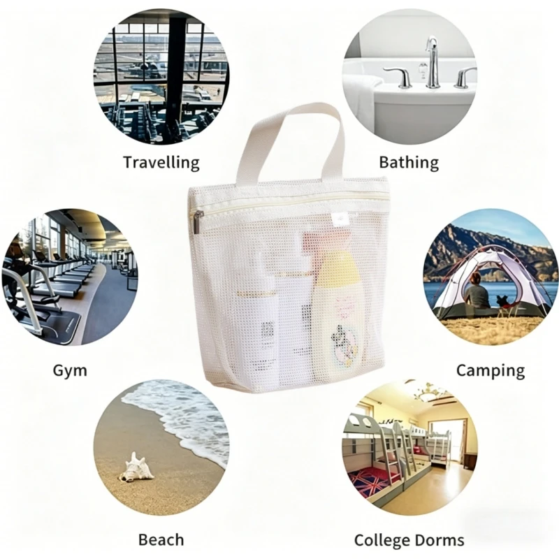 Mesh-Kulturtasche: Tragbarer Reise-Make-up-Organizer für Dusche, Bad, Fitness, Wohnheim, Camping, Strand – Leichter Mesh-Caddy mit Griff – Detail 3