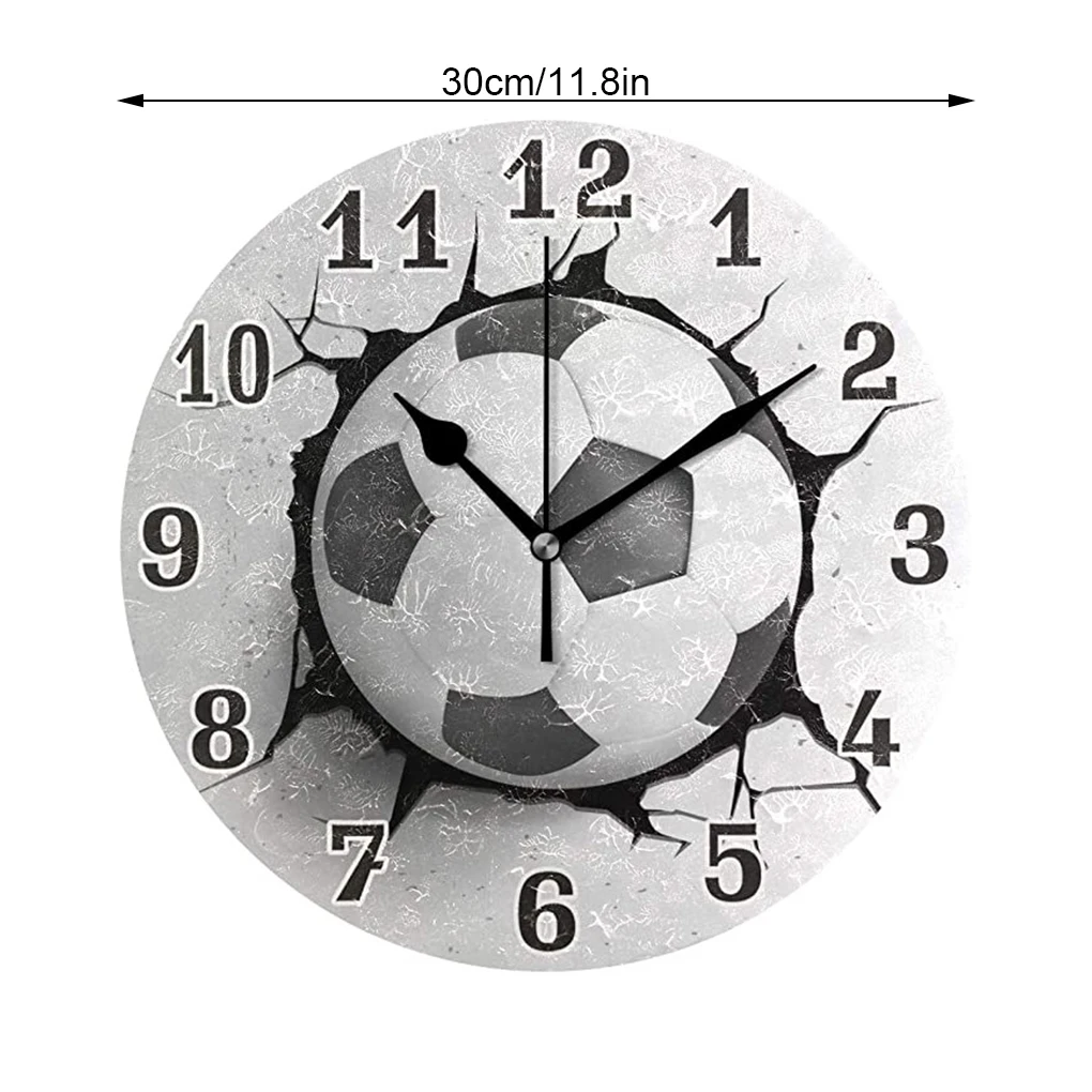 Timeless Sport Football Ball Print Round Acrylic Wall Clock Unique Style Football Wall Crack Clock