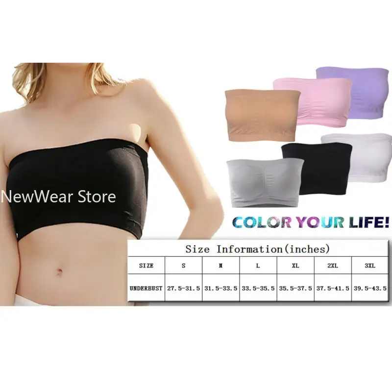 Sutiã em bandeau sem alças removíveis, plus size, elástico, sem costura, acolchoado, tubo, boob, colheita, cinta de espaguete, topo