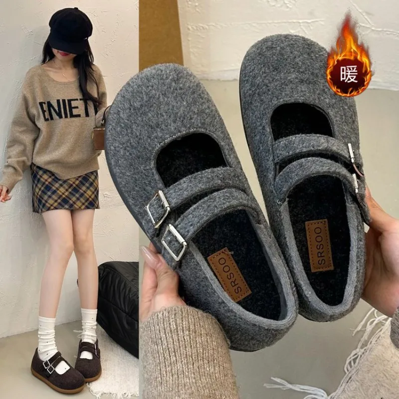 أحذية ماري جين المسطحة المرتفعة 2025 أحذية جديدة كلمة واحدة بالإضافة إلى أحذية مخملية ذات فم ضحل حراري صوفي فردي #1