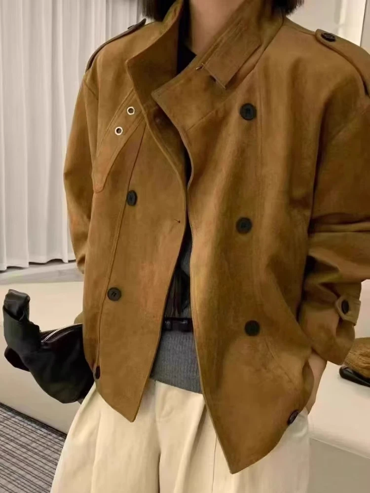 Chic Stand Collar Suede Trench Coat Women Spring Autumn Double-Breasted Cropped Jacket Camel Brown Faux Suede Oversized Coat