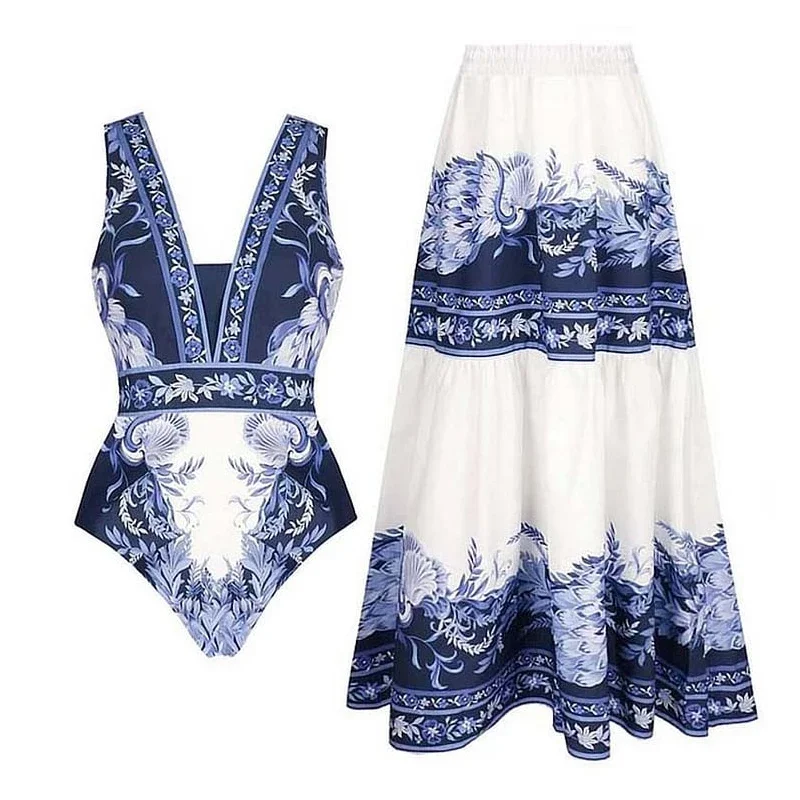 Summer Vintage Women Sexy Swimsuit Porcelain Print V Neck One Piece Push Up Biquini Bathsuit Bodysuit Swimwear Beachwear
