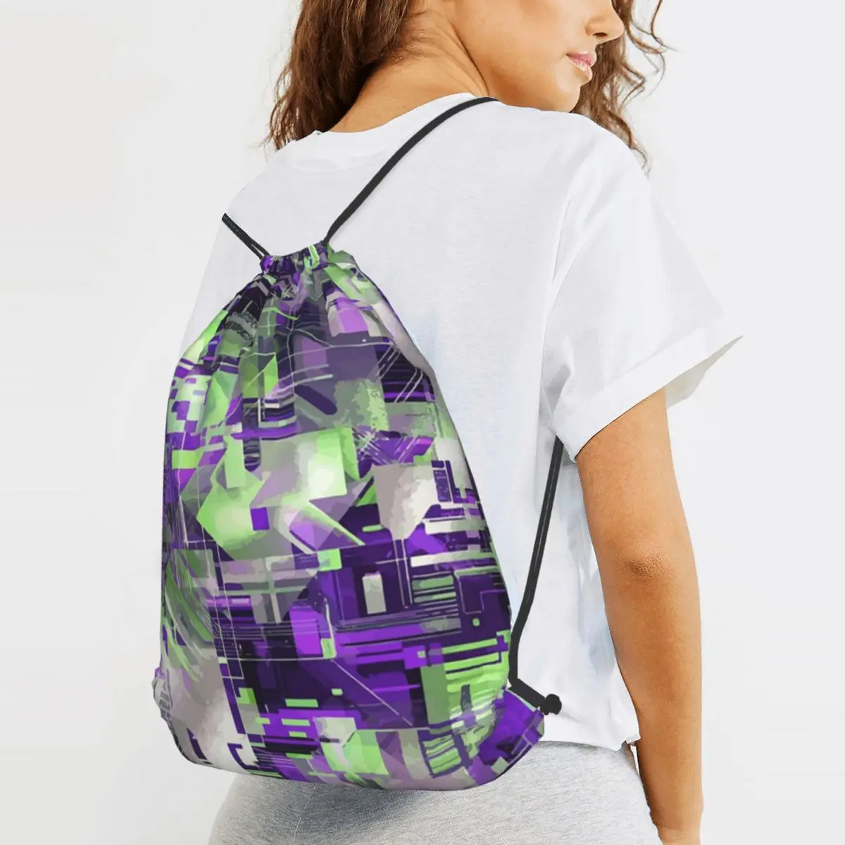 Neon Glitch Geometry In Cyberpunk Grid Chaos Backpacks Casual Drawstring Bags Sports Bag Book Bags for Man Woman School