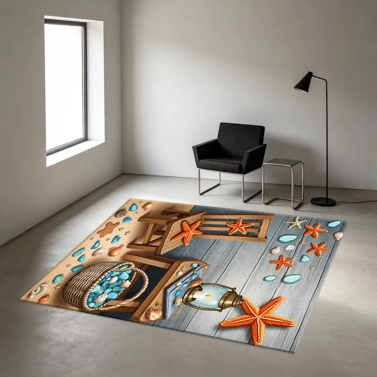 Coastal Beach Starfish Shell Carpet Nautical Ocean Style Printed Carpet Non-Slip Floor Mat Suitable for Bathroom Balcony Home Decoration