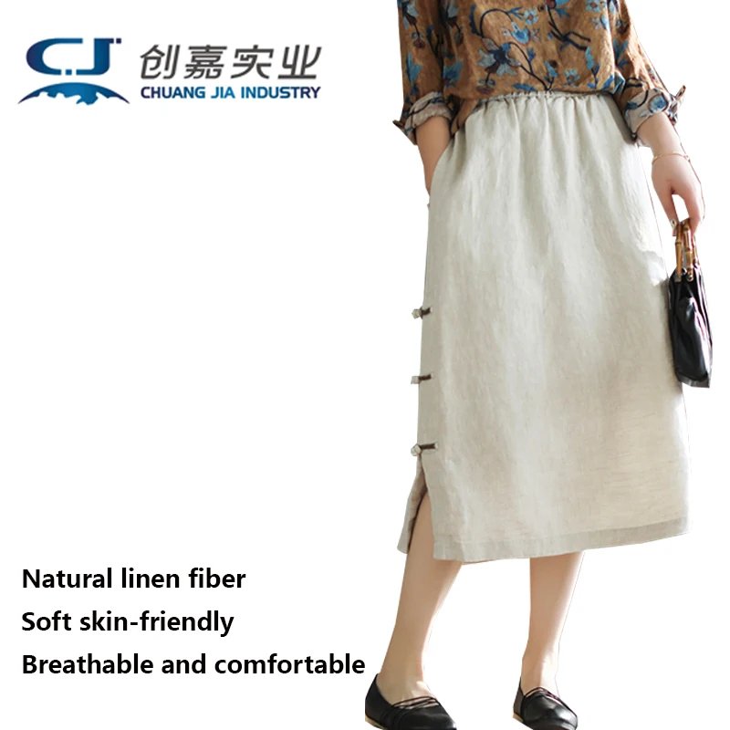 Linen Spring Summer Lady Half Skirt Cotton and Linen SolidColor High Waist New Large Size Disk Buckle Temperament A-line Skirt