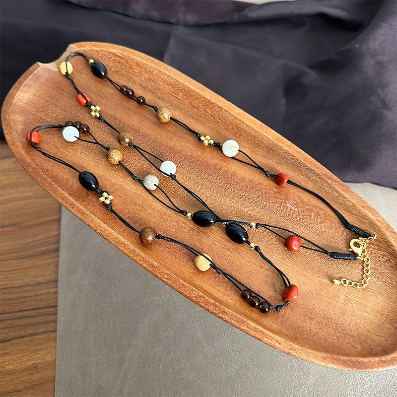Real natural stone beaded necklaces for women long winter braided necklaces ethnic handmade sweater jewelry accessory