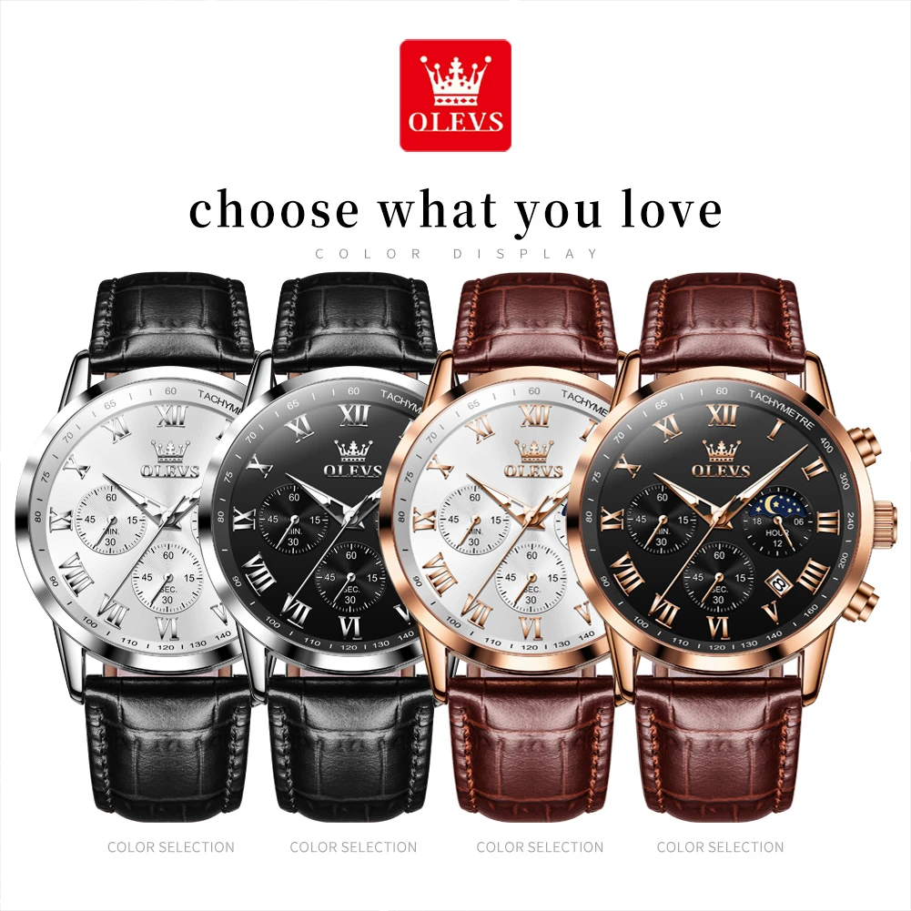 OLEVS 5529 Sport Quartz Watch Gift Genuine Leather Watchband Round-dial Wristwatch Moon Phase Chronograph Calendar Luminous